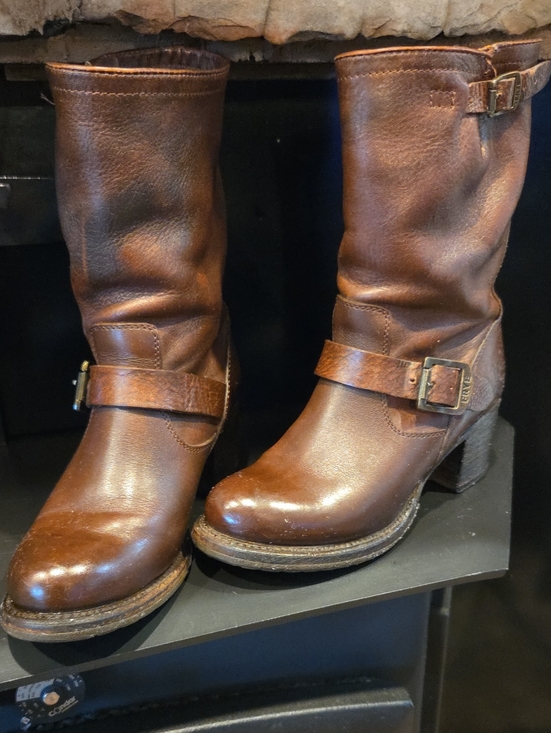 Frye Shoes - Frye Brown Leather Engineer Mid-Calf Buckle Heeled Boots